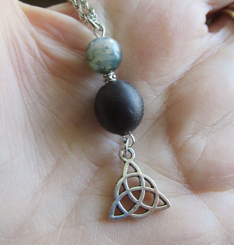 Irish Bog Oak Moss Agate Triquetra Pendant Necklace