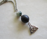 Irish Bog Oak Moss Agate Triquetra Pendant Necklace