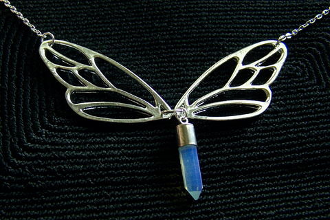 Silver Lace Wing Butterfly Opalite Crystal Necklace