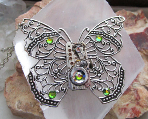 Silver Filigree Butterfly Watchworks Rainbow Crystal Necklace