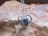 Silver Heart Cage Lapis Lazuli Crystal Sphere Pendant Necklace