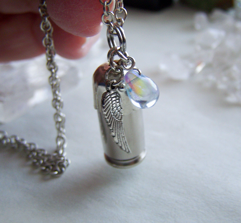 Keepsake Capsule Silver Bullet Angel Wing Pendant