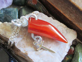 Orange Carnelian Horn Wire Wrapped Silver Dagger Pendant Necklace