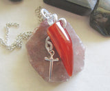 Orange Carnelian Horn Wire Wrapped Silver Dagger Pendant Necklace