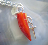 Orange Carnelian Horn Wire Wrapped Silver Dagger Pendant Necklace