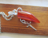 Orange Carnelian Horn Wire Wrapped Silver Dagger Pendant Necklace