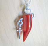 Orange Carnelian Horn Wire Wrapped Silver Dagger Pendant Necklace