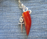 Orange Carnelian Horn Wire Wrapped Silver Dagger Pendant Necklace