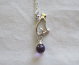 Silver Cat Purple Amethyst Crystal Ball Pendant Necklace