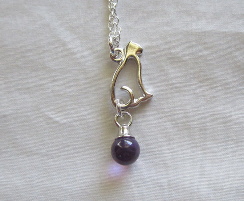 Silver Cat Purple Amethyst Crystal Ball Pendant Necklace