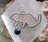 Silver Cat with Blue Night Stars Crystal Ball Pendant Necklace