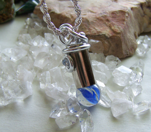 Blue Swirl Cat's Eye Marble Wire Wrapped Silver Bullet Necklace