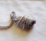 Natural Lace Agate Chalcedony Wire Wrapped Pendant Necklace