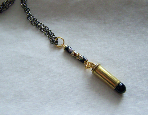 Black Obsidian Gold Cloisonne Bullet Jewelry Pendant