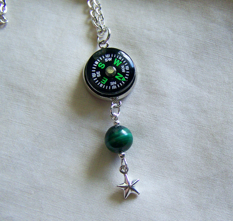 Steampunk Compass Malachite Bead Silver Star Pendant