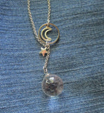 Quartz Crystal Ball Moon and Star Ring Pendant Necklace