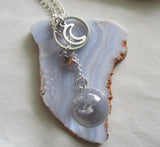 Quartz Crystal Ball Moon and Star Ring Pendant Necklace