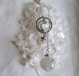 Quartz Crystal Ball Moon and Star Ring Pendant Necklace