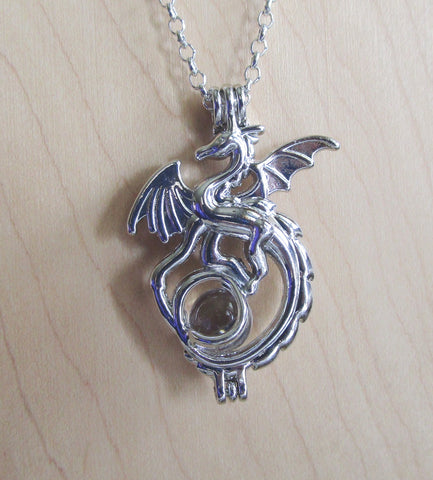 Silver Dragon Locket Cage with Quartz Crystal Ball Pendant Necklace