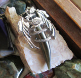 Silver Wyvern Dragon Natural Gold Sheen Obsidian Horn Pendant Necklace