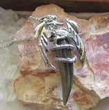 Silver Wyvern Dragon Natural Gold Sheen Obsidian Horn Pendant Necklace