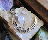 Filigree Crescent Moon Lavender Fluorite Crystal Ball Pendant Necklace