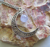 Filigree Crescent Moon Lavender Fluorite Crystal Ball Pendant Necklace