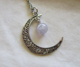 Filigree Crescent Moon Lavender Fluorite Crystal Ball Pendant Necklace