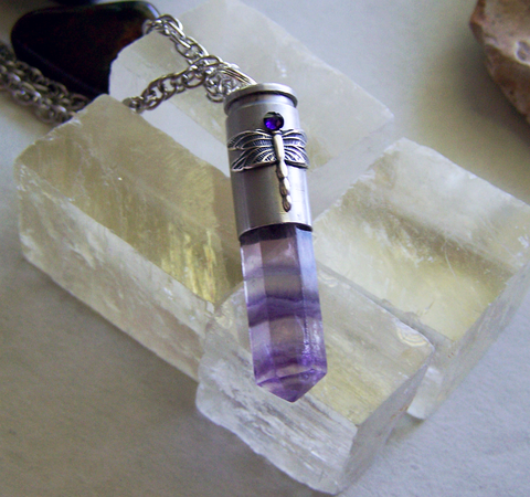 Rainbow Fluorite Dragonfly Silver Bullet Jewelry Pendant