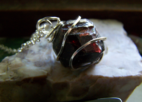 Natural Burgundy Garnet Gemstone Wire Wrapped Pendant