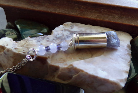 Natural Blue Iolite Gemstone Crystal Bullet Pendant Necklace