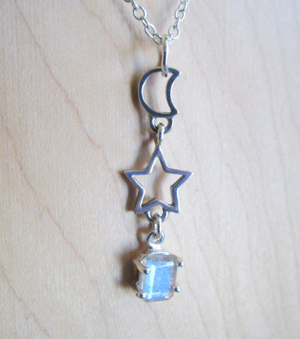 Labradorite Gemstone Celestial Sterling Silver Moon Star Pendant Necklace