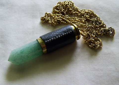 Leather Wrapped Green Aventurine Bullet Jewelry Pendant