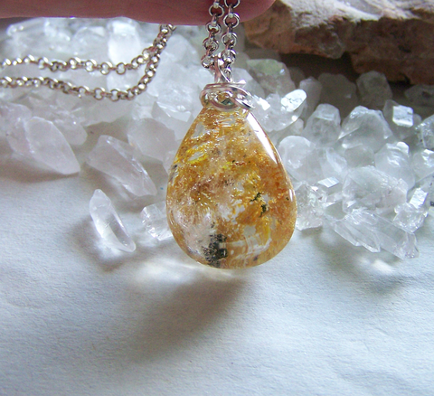 Landscape Quartz Gold and Green Polished Lodolite Crystal Pendant Necklace