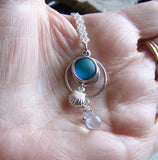 Frosted Blue Mermaid Glass Silver Shell Pendant Necklace