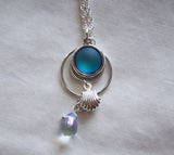 Frosted Blue Mermaid Glass Silver Shell Pendant Necklace