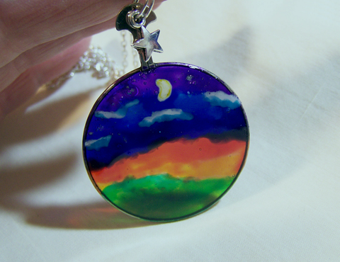 Painted Landscape on Vintage Glass Pendant