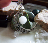 Rainbow Moonstone Filigree Silver Moon Pendant