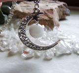 Rainbow Moonstone Filigree Silver Moon Pendant