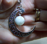 Rainbow Moonstone Filigree Silver Moon Pendant