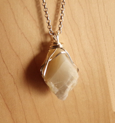 Natural Ivory Moonstone Wire Wrapped Gemstone Pendant Necklace