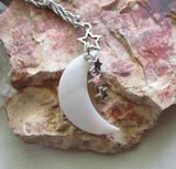 Mother of Pearl Natural Crescent Moon Silver Stars Pendant Necklace