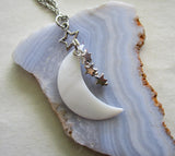 Mother of Pearl Natural Crescent Moon Silver Stars Pendant Necklace