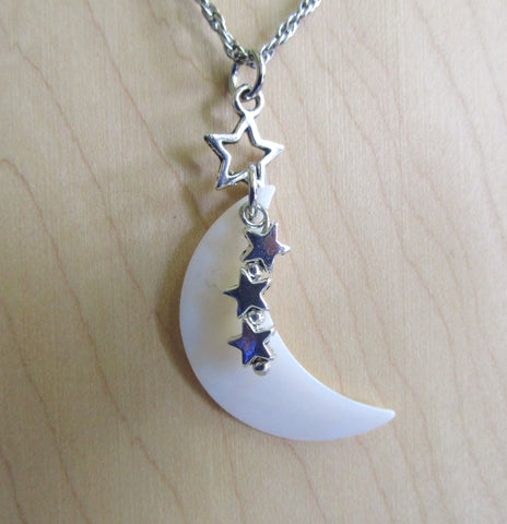 Mother of Pearl Natural Crescent Moon Silver Stars Pendant Necklace