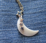 Mother of Pearl Natural Crescent Moon Silver Stars Pendant Necklace