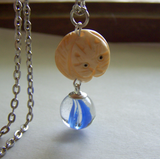 Netsuke Cat Carved Bead with Blue Cat's Eye Marble Pendant Necklace