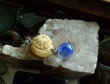 Netsuke Cat Carved Bead with Blue Cat's Eye Marble Pendant Necklace