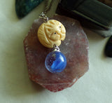 Netsuke Cat Carved Bead with Blue Cat's Eye Marble Pendant Necklace