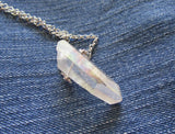 Opal Aura Lemurian Quartz Crystal Point Pendant Necklace