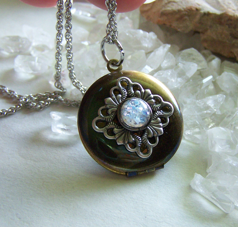 Vintage Brass Locket Silver Filigree Opal Locket Pendant